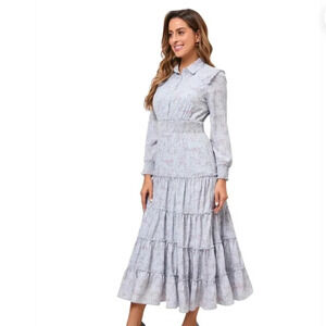 Miss Finch Womens Lavender Dream Tier Ruffle Midi Dress Blue Floral Modest Small